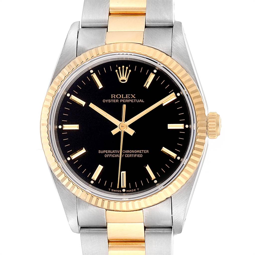 The image shows a front view of a Rolex Oyster Perpetual 14233 Men's Steel and Gold (two tone) Black Dial 14233 Men's Steel and Gold (two tone) Black Dial watch, featuring a black dial and a two-tone metal bracelet.