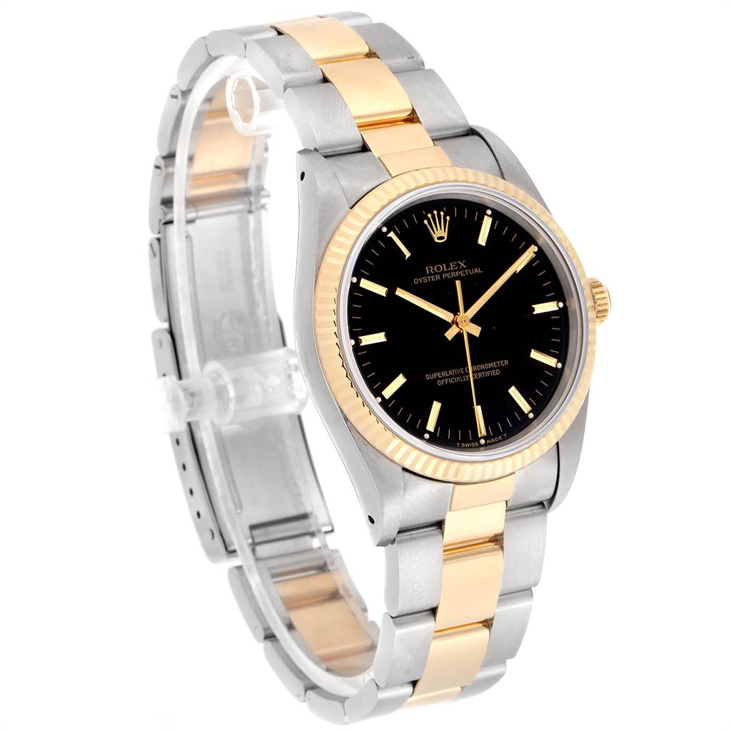 The image shows a Rolex Oyster Perpetual 14233 Men's Steel and Gold (two tone) Black Dial 14233 Men's Steel and Gold (two tone) Black Dial watch at a three-quarter angle, highlighting its two-tone bracelet and black dial.