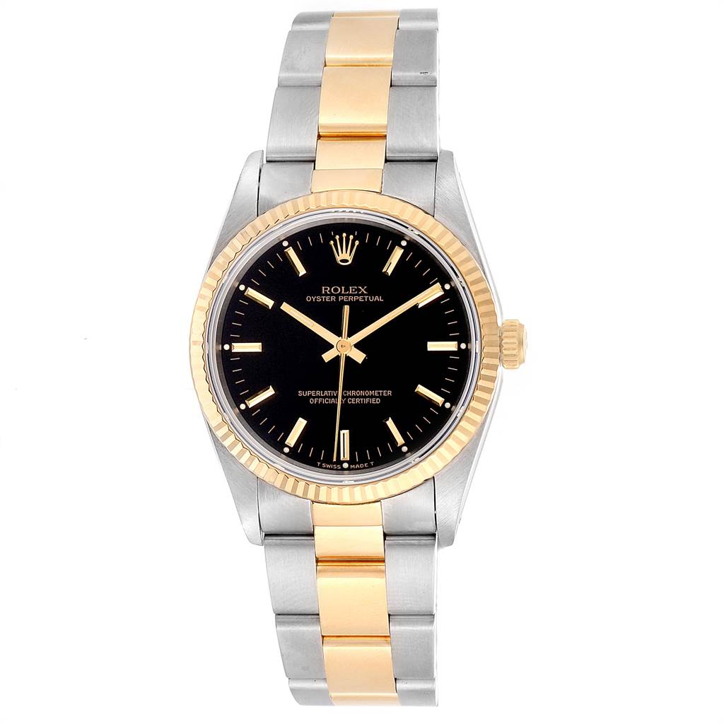 The image shows a front view of a Rolex Oyster Perpetual 14233 Men's Steel and Gold (two tone) Black Dial 14233 Men's Steel and Gold (two tone) Black Dial watch, featuring a black dial, gold bezel, and two-tone bracelet.