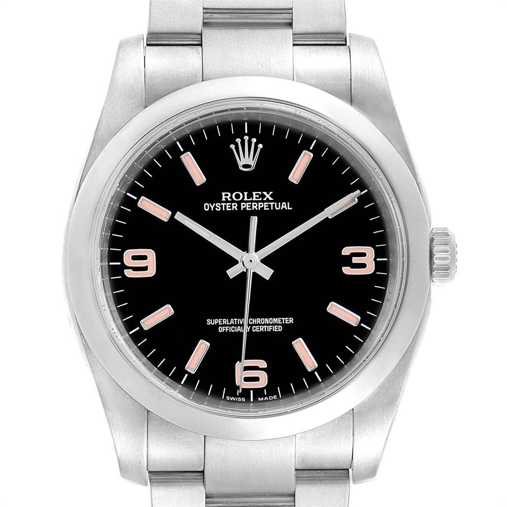 The image shows a front view of a Rolex Oyster Perpetual 116000 Men's Stainless Steel Black Dial 116000 Men's Stainless Steel Black Dial watch, highlighting the dial, crown, and part of the bracelet.