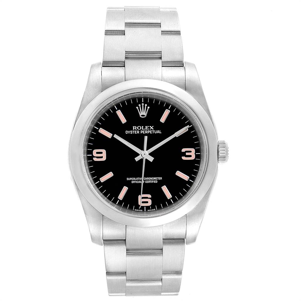 This image shows a Rolex Oyster Perpetual 116000 Men's Stainless Steel Black Dial 116000 Men's Stainless Steel Black Dial watch viewed from the front, displaying the watch face and stainless steel bracelet.