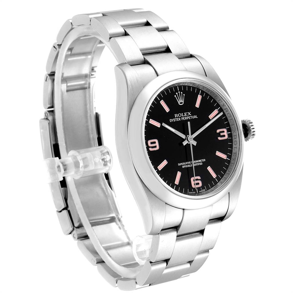 The image shows a Rolex Oyster Perpetual 116000 Men's Stainless Steel Black Dial 116000 Men's Stainless Steel Black Dial watch angled to display the face, band, and sides.