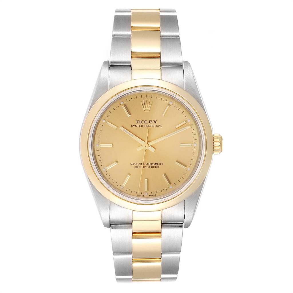 This image shows a front view of a Rolex Oyster Perpetual 14203 Men's Steel and Gold (two tone) Champagne Dial 14203 Men's Steel and Gold (two tone) Champagne Dial watch, featuring a gold and silver bracelet and gold dial.