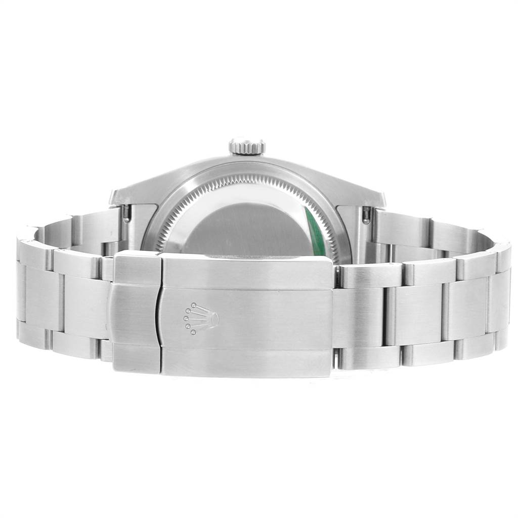 The image shows the back view of the Rolex Oyster Perpetual 116000 Men's Stainless Steel Blue Dial 116000 Men's Stainless Steel Blue Dial watch, focusing on the case back and clasp.