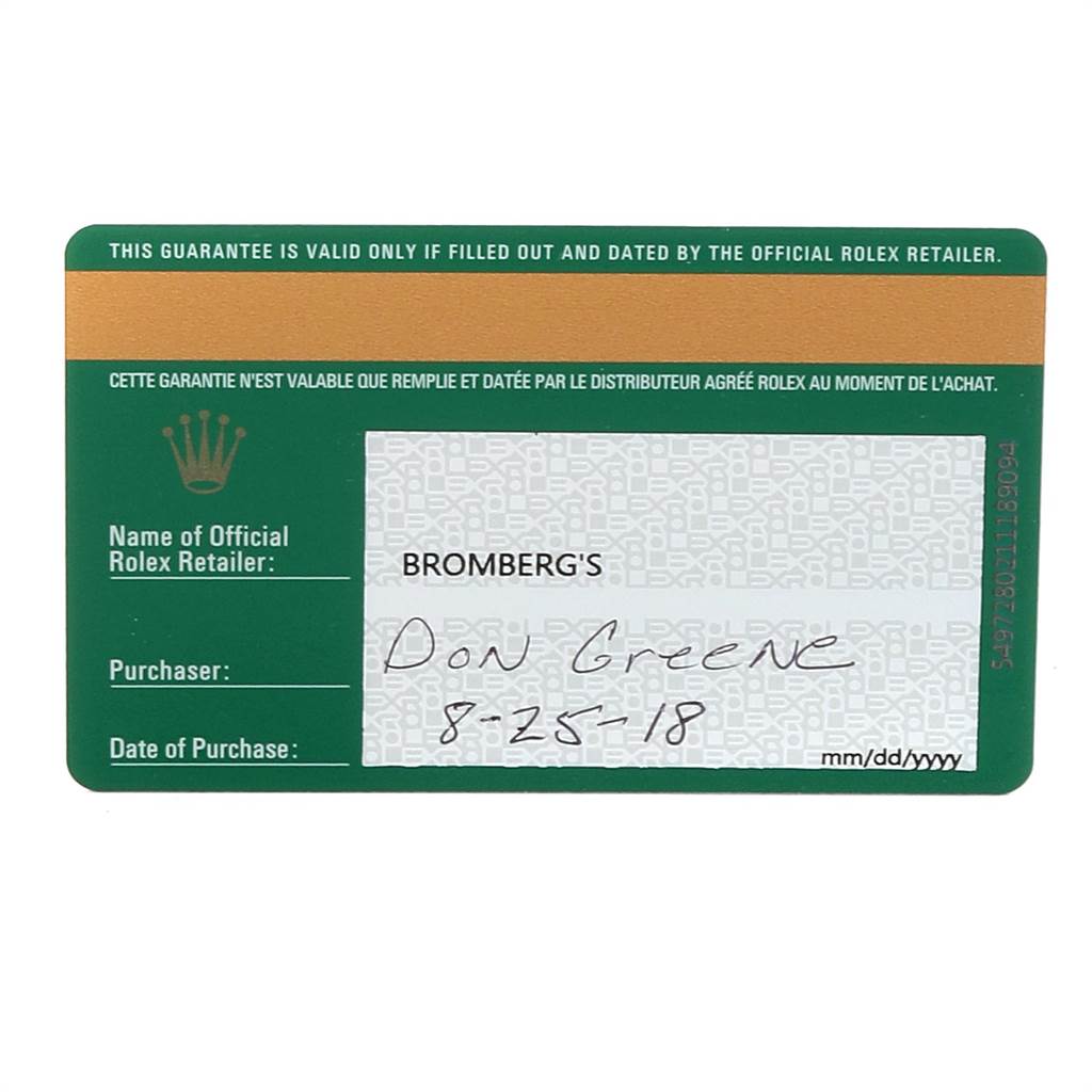 The image shows a filled-out guarantee card for the Rolex Oyster Perpetual 116000 Men's Stainless Steel Blue Dial 116000 Men's Stainless Steel Blue Dial model.