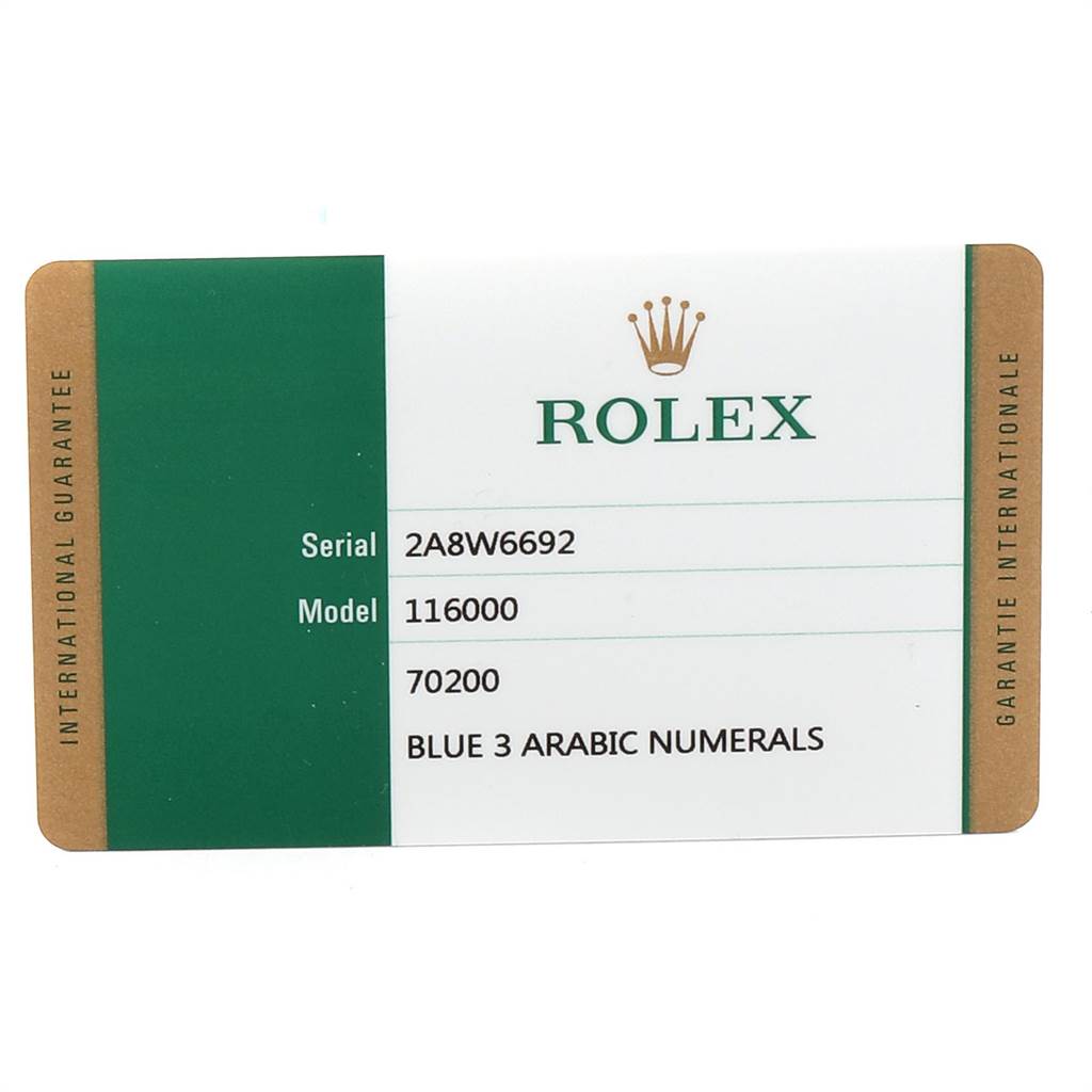 The image shows an International Guarantee card for a Rolex Oyster Perpetual 116000 Men's Stainless Steel Blue Dial 116000 Men's Stainless Steel Blue Dial model 116000 watch.