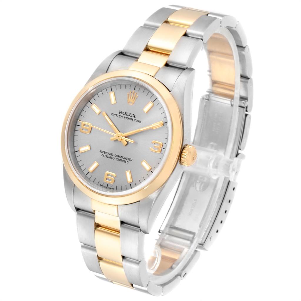 The image shows a Rolex Oyster Perpetual 14203 Men's Steel and Gold (two tone) Grey Dial 14203 Men's Steel and Gold (two tone) Grey Dial watch at a three-quarter angle, displaying the face, bezel, and bracelet.