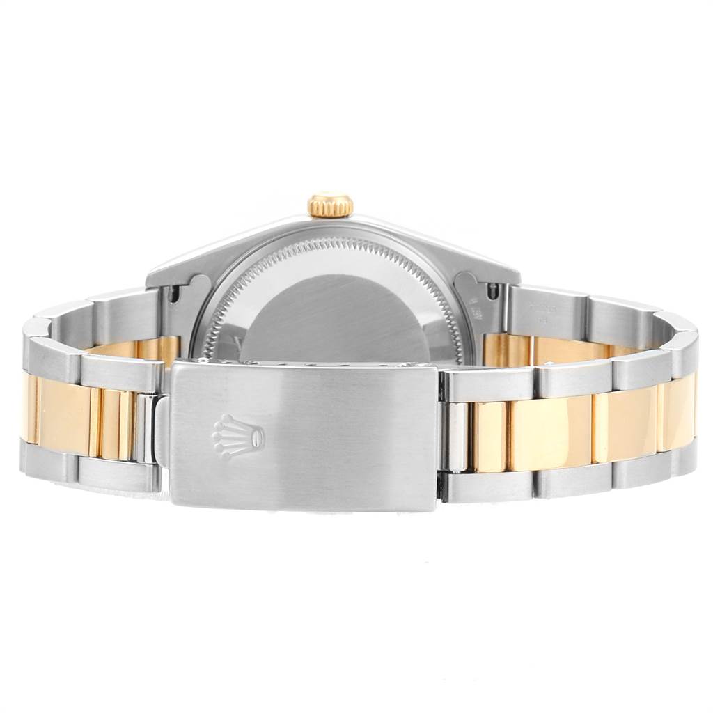 The image shows the back view of a Rolex Oyster Perpetual 14203 Men's Steel and Gold (two tone) Grey Dial 14203 Men's Steel and Gold (two tone) Grey Dial watch, highlighting its case, crown, and two-tone bracelet with the Rolex logo on the clasp.