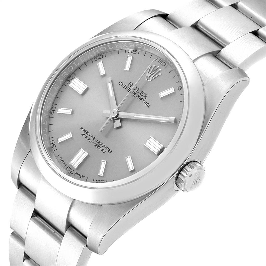 This image shows a close-up angle of the Rolex Oyster Perpetual 116000 Men's Stainless Steel Grey Dial 116000 Men's Stainless Steel Grey Dial watch, featuring the dial, bezel, crown, and part of the bracelet.