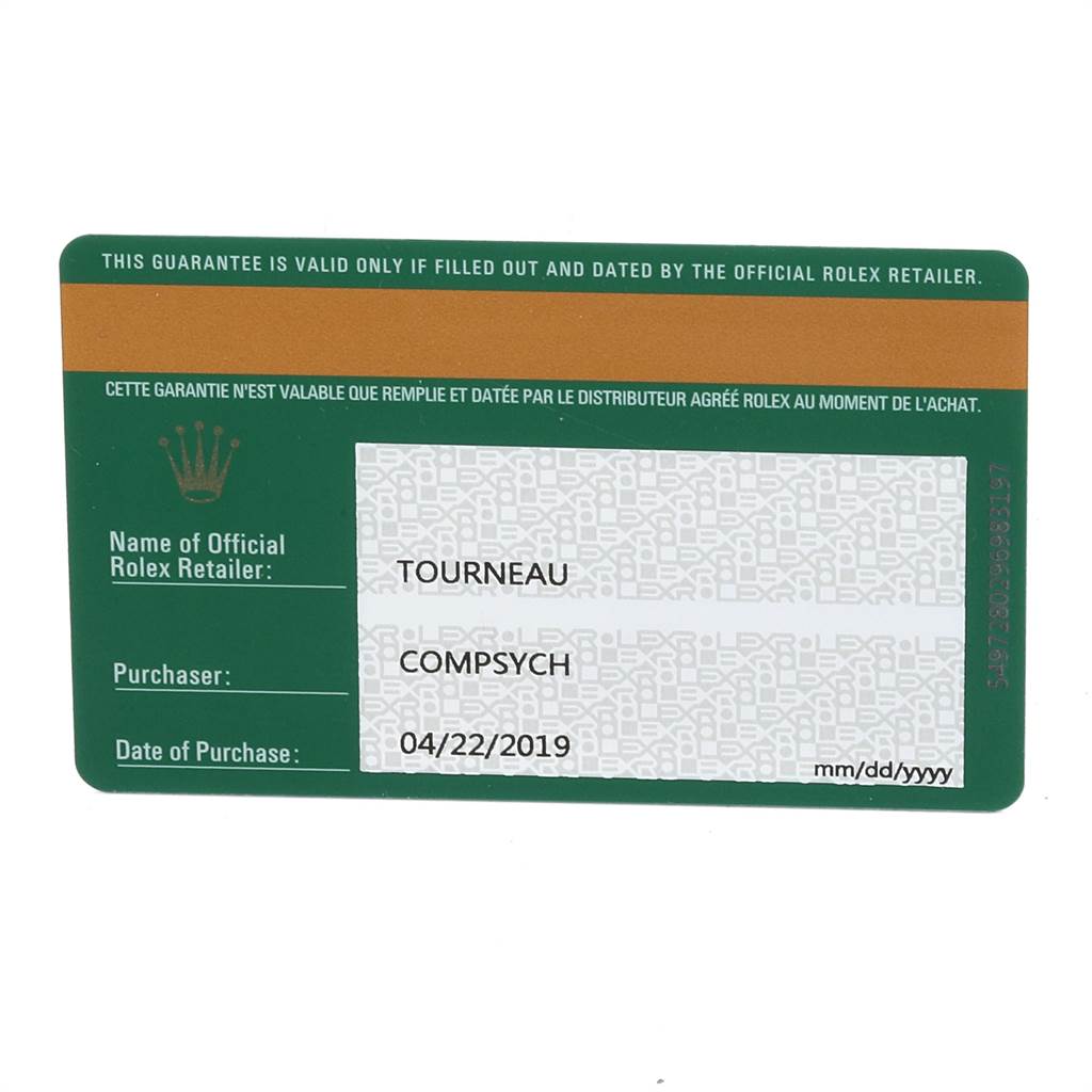 This is the guarantee card for the Rolex Oyster Perpetual 116000 Men's Stainless Steel Grey Dial 116000 Men's Stainless Steel Grey Dial, showing the retailer name, purchaser name, and date of purchase.