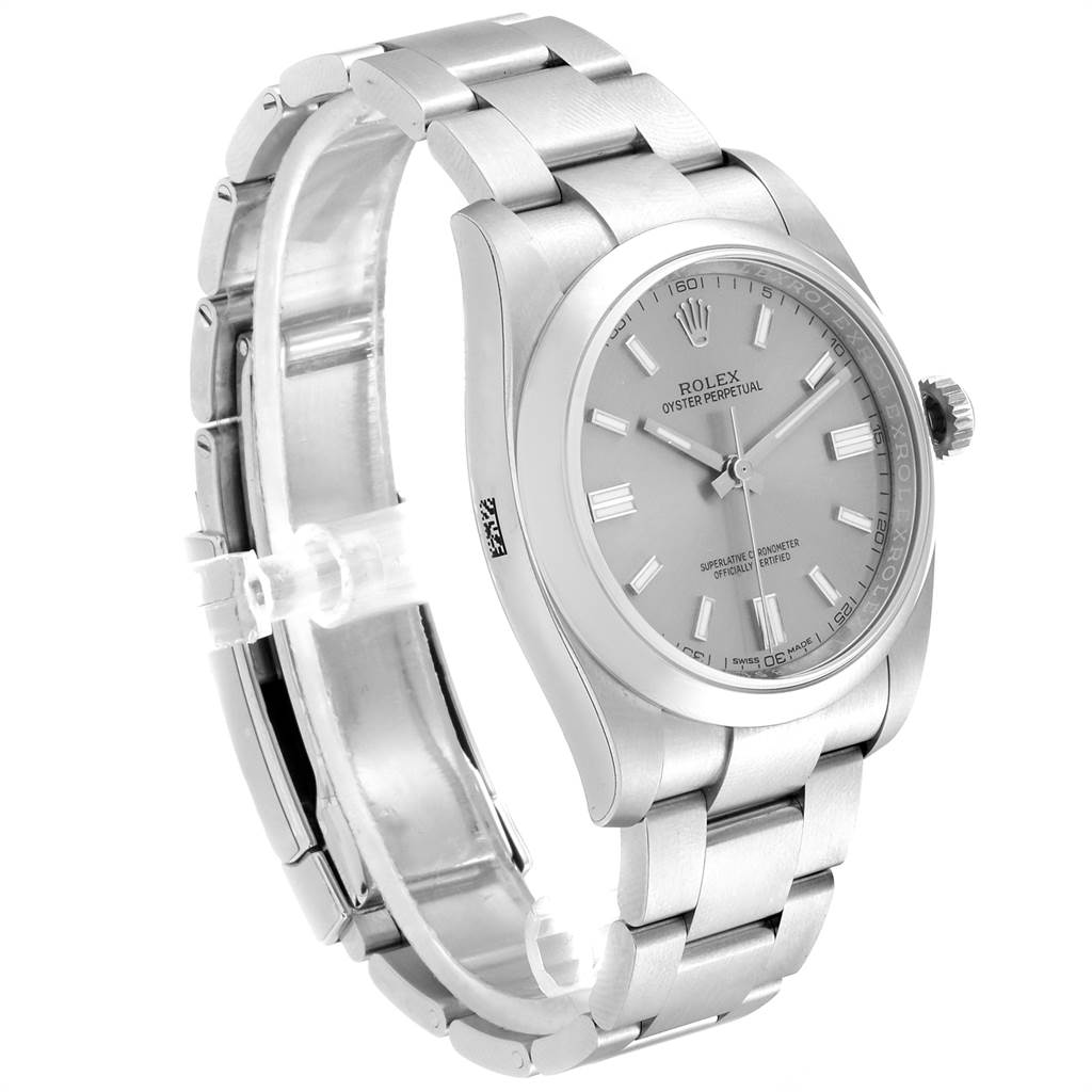 The Rolex Oyster Perpetual 116000 Men's Stainless Steel Grey Dial 116000 Men's Stainless Steel Grey Dial watch is shown from a front angle, highlighting the dial, case, and bracelet.