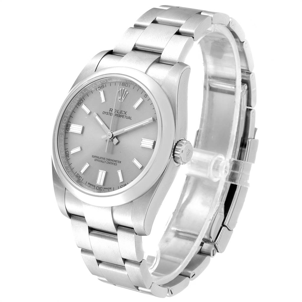 The image shows a Rolex Oyster Perpetual 116000 Men's Stainless Steel Grey Dial 116000 Men's Stainless Steel Grey Dial watch from a 3/4 angle, highlighting the face, bezel, crown, and bracelet.