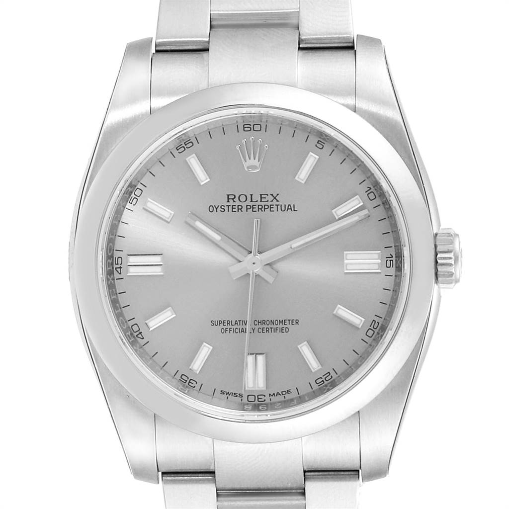 This image shows a frontal view of the Rolex Oyster Perpetual 116000 Men's Stainless Steel Grey Dial 116000 Men's Stainless Steel Grey Dial watch, focusing on its dial, hands, and part of the bracelet.
