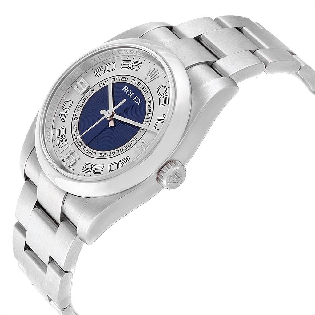 This image shows a side angle of the Rolex Oyster Perpetual 116000 Men's Stainless Steel Silver Dial 116000 Men's Stainless Steel Silver Dial watch, highlighting its crown, bezel, and bracelet.