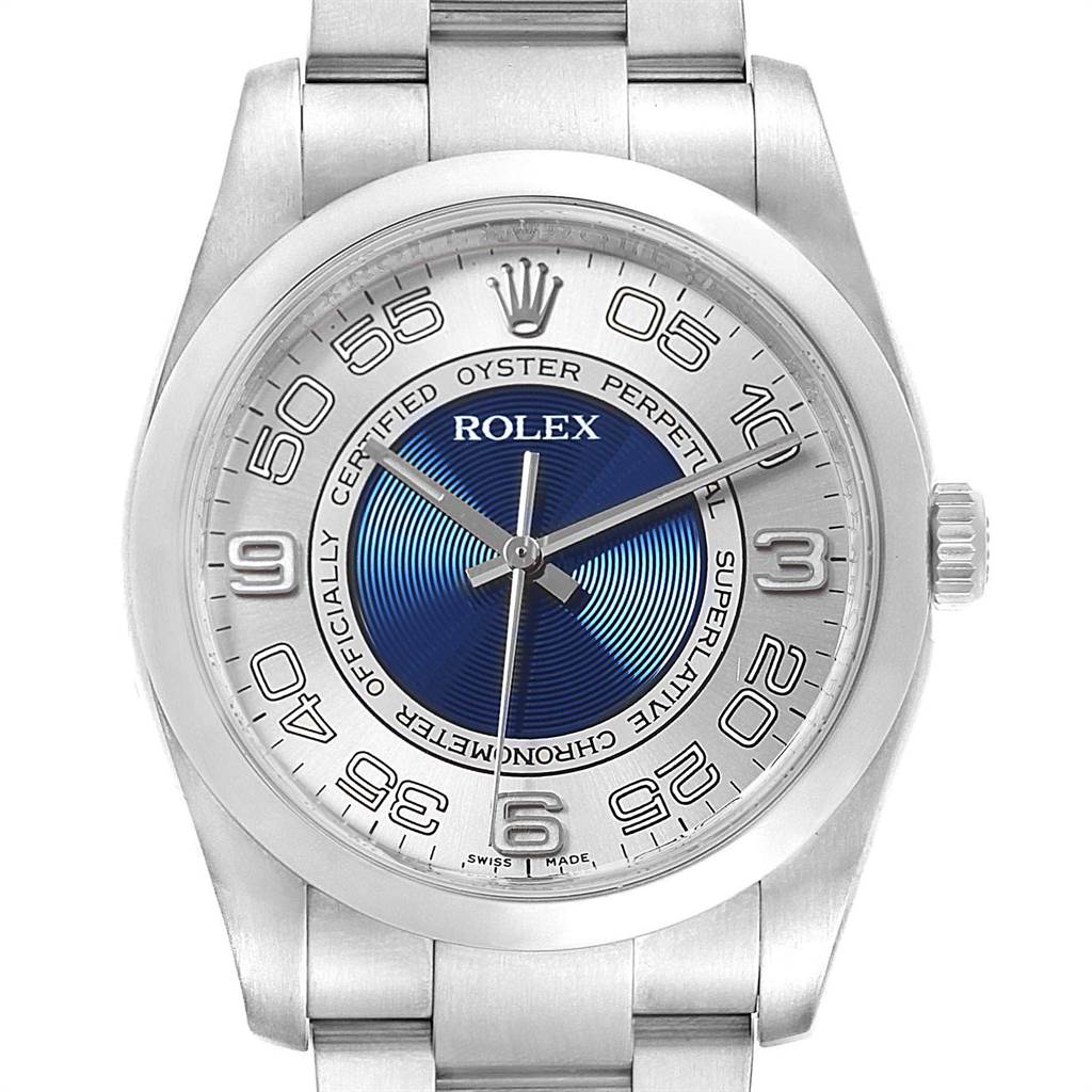 This image shows a front view of a Rolex Oyster Perpetual 116000 Men's Stainless Steel Silver Dial 116000 Men's Stainless Steel Silver Dial watch, displaying its dial, bezel, and part of its bracelet.
