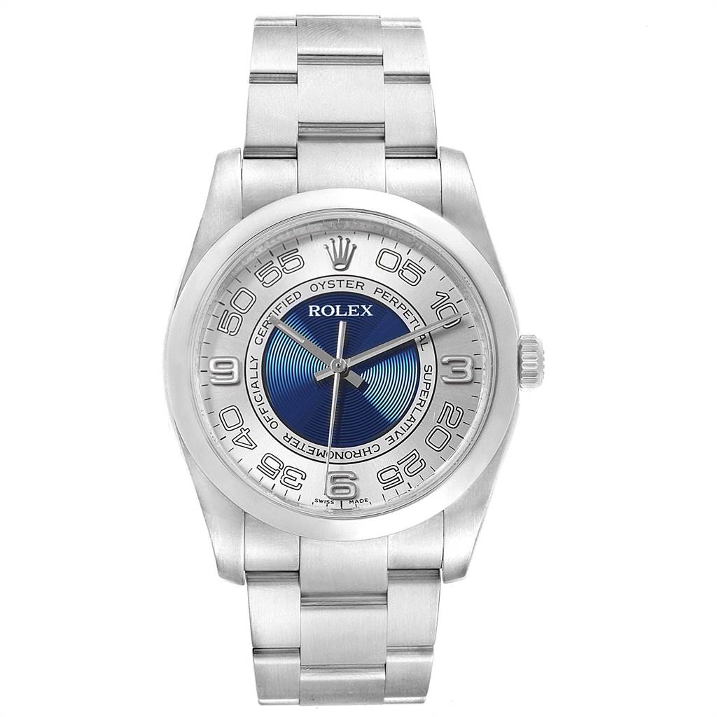 The image shows a front view of a Rolex Oyster Perpetual 116000 Men's Stainless Steel Silver Dial 116000 Men's Stainless Steel Silver Dial watch, displaying its face, bezel, crown, and bracelet.