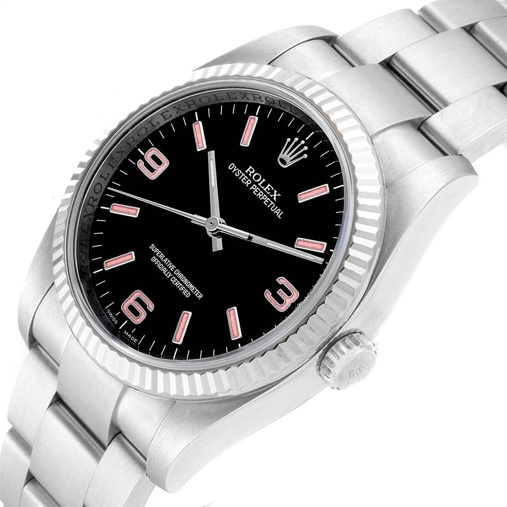 This image shows a close-up view of a Rolex Oyster Perpetual 116034 Men's Stainless Steel Black Dial 116034 Men's Stainless Steel Black Dial watch, highlighting the face, bezel, and part of the bracelet.