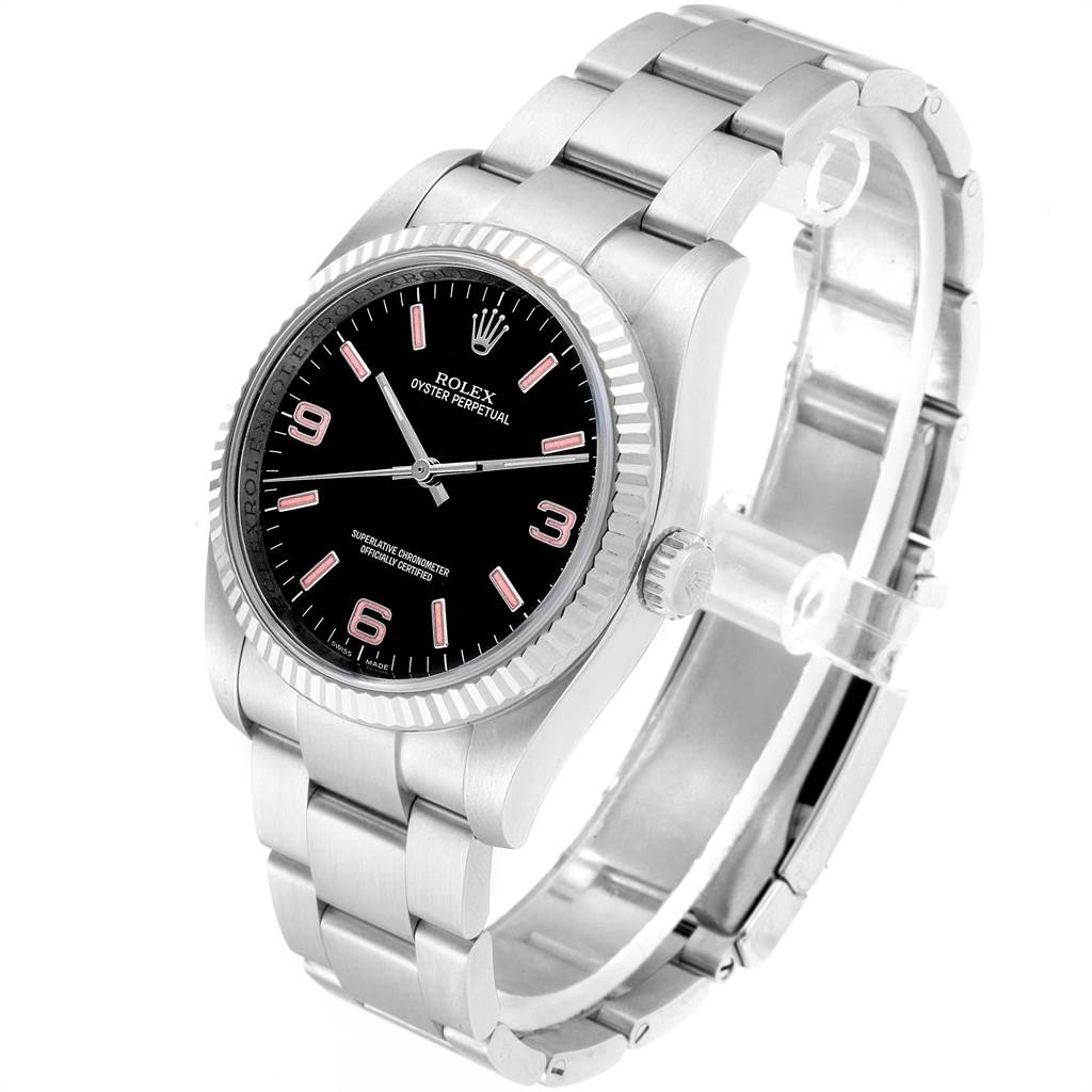 The Rolex Oyster Perpetual 116034 Men's Stainless Steel Black Dial 116034 Men's Stainless Steel Black Dial watch is shown at a slight angle, displaying the face, bezel, case, and bracelet.