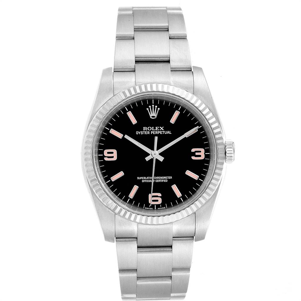 The image shows a front view of a Rolex Oyster Perpetual 116034 Men's Stainless Steel Black Dial 116034 Men's Stainless Steel Black Dial watch, displaying the dial, hands, bezel, and bracelet.