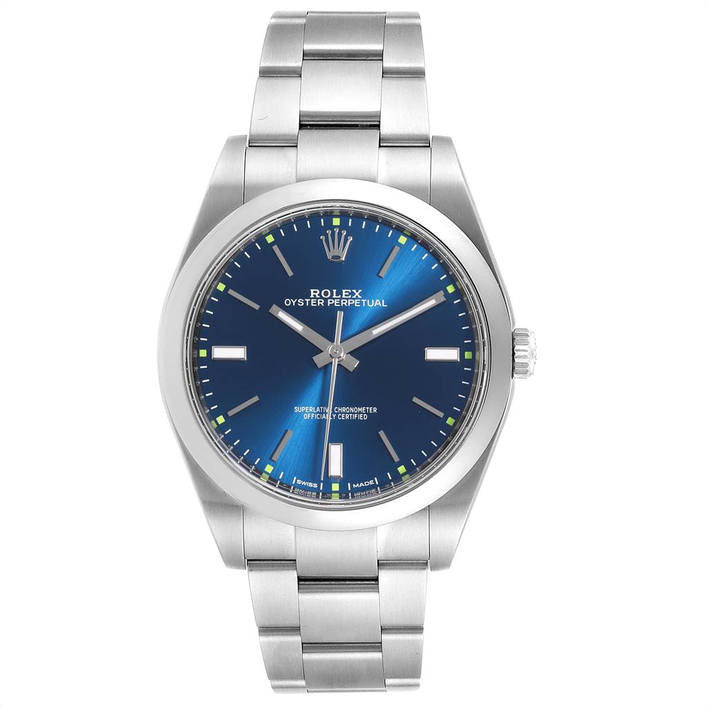 The image shows a front view of a Rolex Oyster Perpetual 114300 Men's Stainless Steel Blue Dial 114300 Men's Stainless Steel Blue Dial watch with a blue dial and stainless steel bracelet.