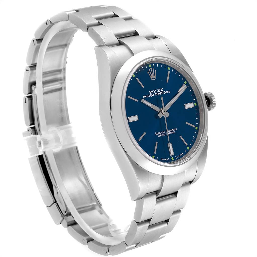 The Rolex Oyster Perpetual 114300 Men's Stainless Steel Blue Dial 114300 Men's Stainless Steel Blue Dial watch is shown at a three-quarter angle, highlighting the blue dial and stainless steel bracelet.