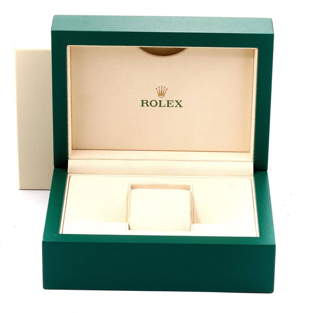 The image shows an open Rolex watch box for the Oyster Perpetual model, displaying the interior branding and padding.