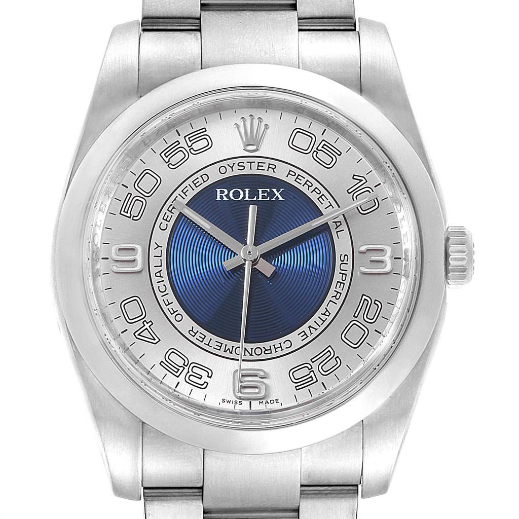 This image shows a front view of a Rolex Oyster Perpetual 116000 Men's Stainless Steel Silver Dial 116000 Men's Stainless Steel Silver Dial watch, highlighting the face, bezel, and part of the bracelet.
