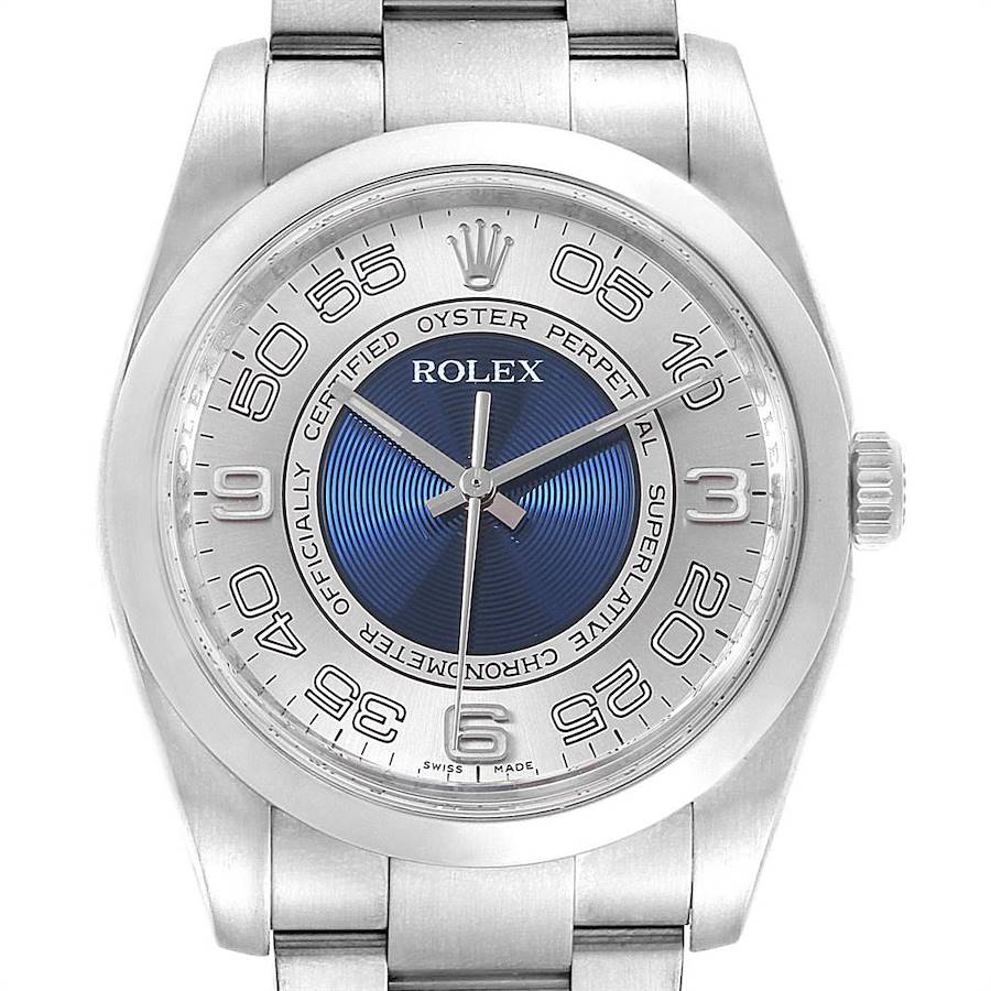 Rolex Oyster Perpetual Silver Blue Concentric Dial Unisex Watch 116000 SwissWatchExpo