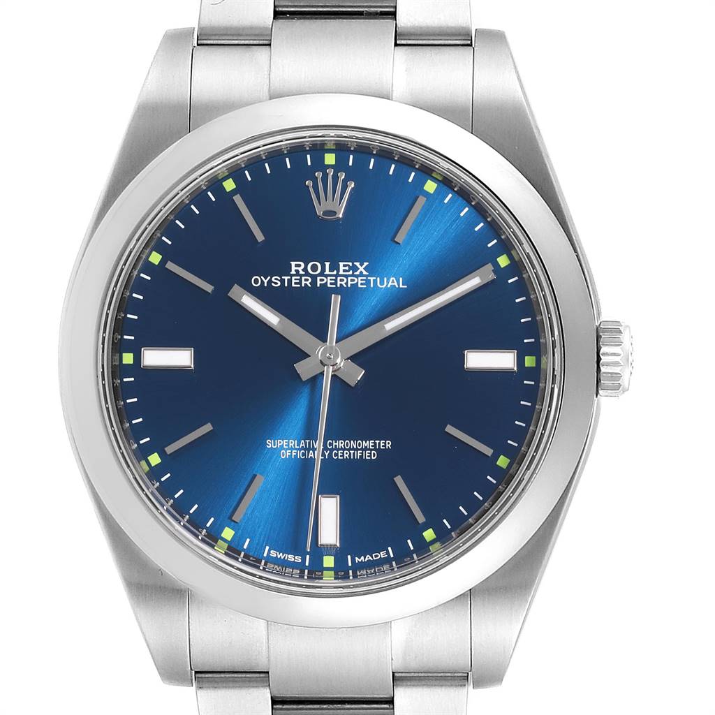 This image shows a front view of a Rolex Oyster Perpetual 114300 Men's Stainless Steel Blue Dial 114300 Men's Stainless Steel Blue Dial watch, showcasing its blue dial, hands, markers, and stainless steel case and bracelet.