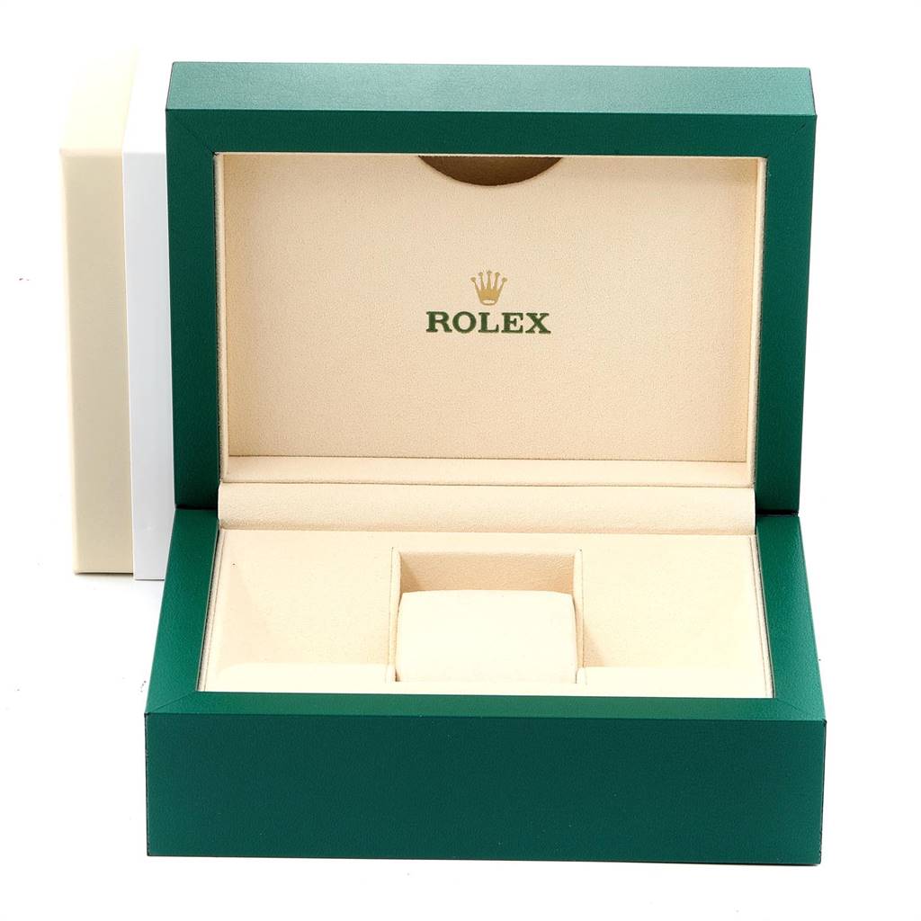 The image shows an open Rolex box for the Oyster Perpetual model, featuring a green exterior and beige interior with the Rolex logo.