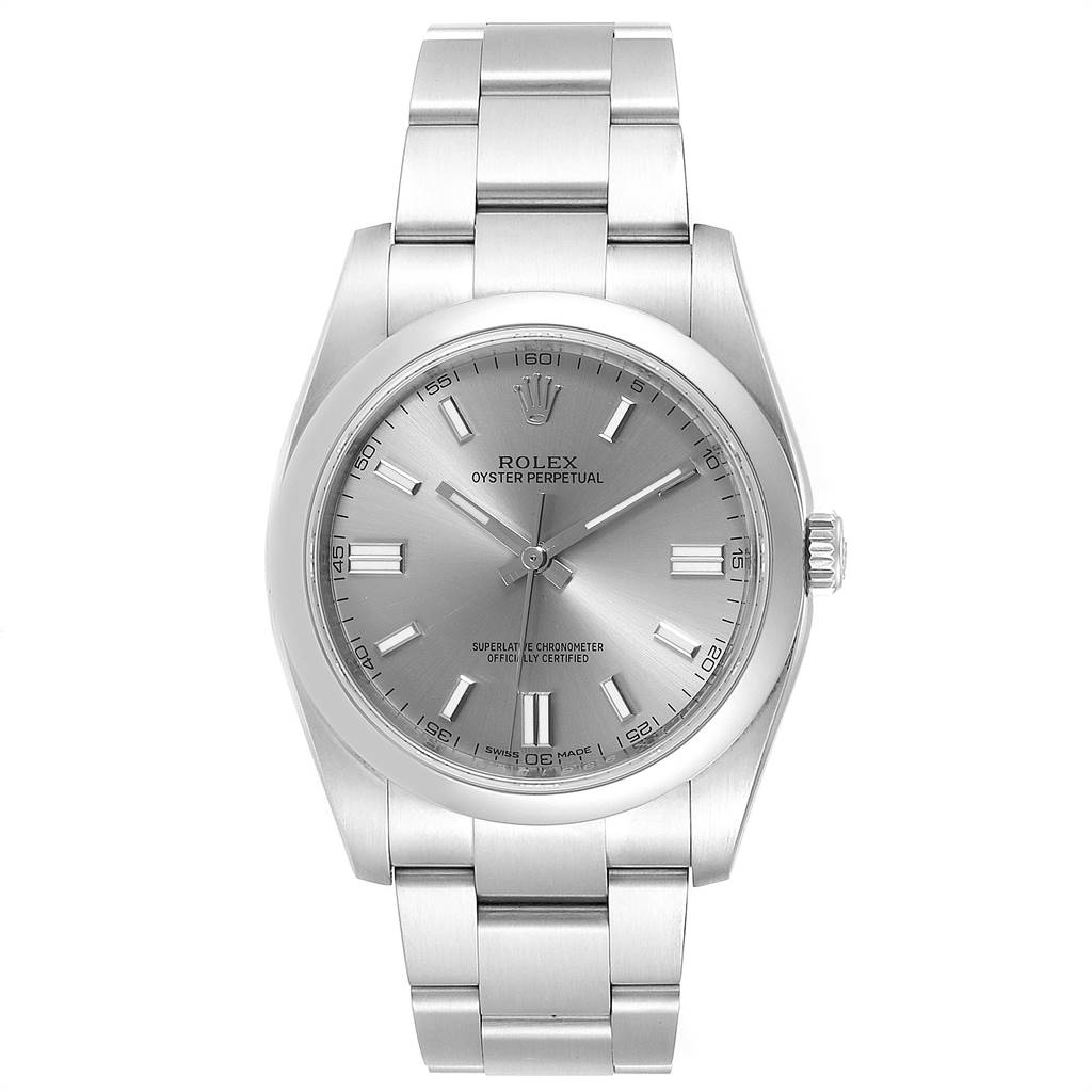 This is a frontal view of a Rolex Oyster Perpetual 116000 Men's Stainless Steel Grey Dial 116000 Men's Stainless Steel Grey Dial watch, showing the dial, hands, bracelet, and crown.