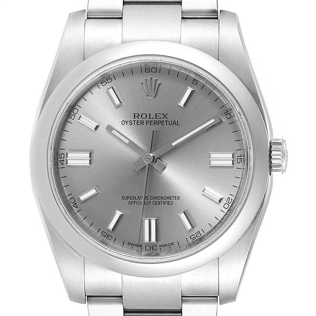 This is a front view of a Rolex Oyster Perpetual 116000 Men's Stainless Steel Grey Dial 116000 Men's Stainless Steel Grey Dial watch, showing the dial, hands, bezel, and part of the bracelet.