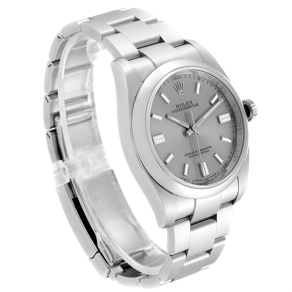 This image shows a side angle of the Rolex Oyster Perpetual 116000 Men's Stainless Steel Grey Dial 116000 Men's Stainless Steel Grey Dial watch, highlighting its dial, bezel, and bracelet.