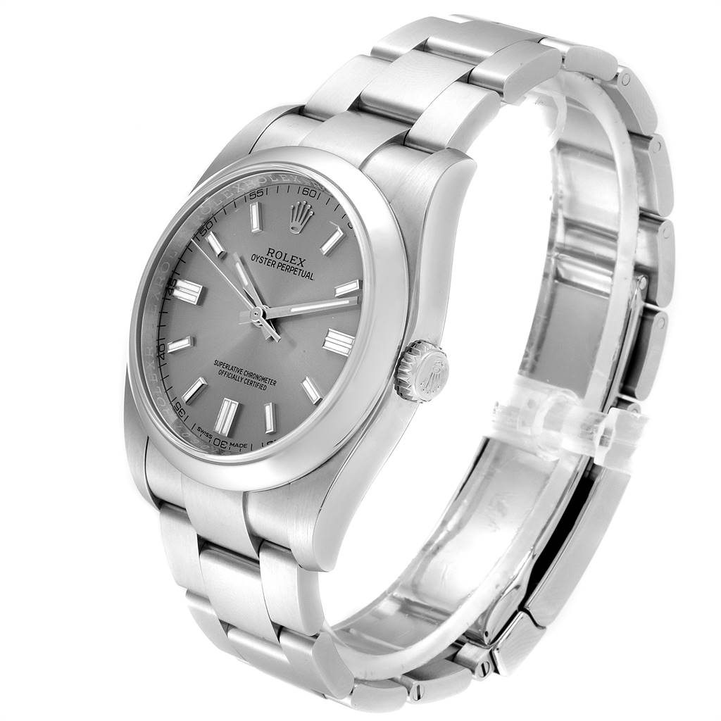The Rolex Oyster Perpetual 116000 Men's Stainless Steel Grey Dial 116000 Men's Stainless Steel Grey Dial watch is shown at an angle displaying the dial, crown, and bracelet.