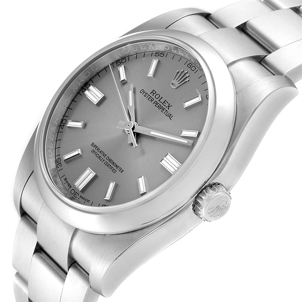 The image shows a Rolex Oyster Perpetual 116000 Men's Stainless Steel Grey Dial 116000 Men's Stainless Steel Grey Dial watch at an oblique angle, highlighting the dial, bracelet, and crown.