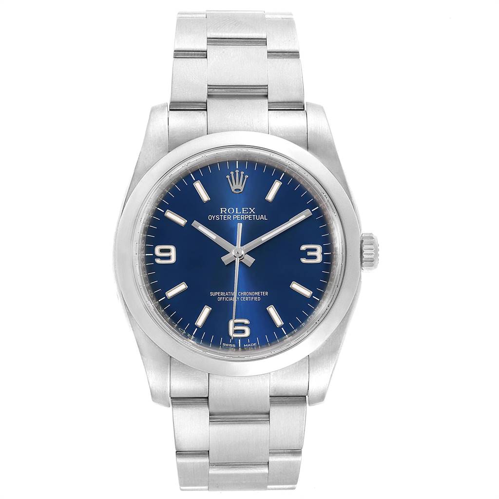 This image shows a front view of the Rolex Oyster Perpetual 116000 Men
s Stainless Steel Blue Dial 116000 Men
s Stainless Steel Blue Dial watch, highlighting its blue dial and stainless steel bracelet.
