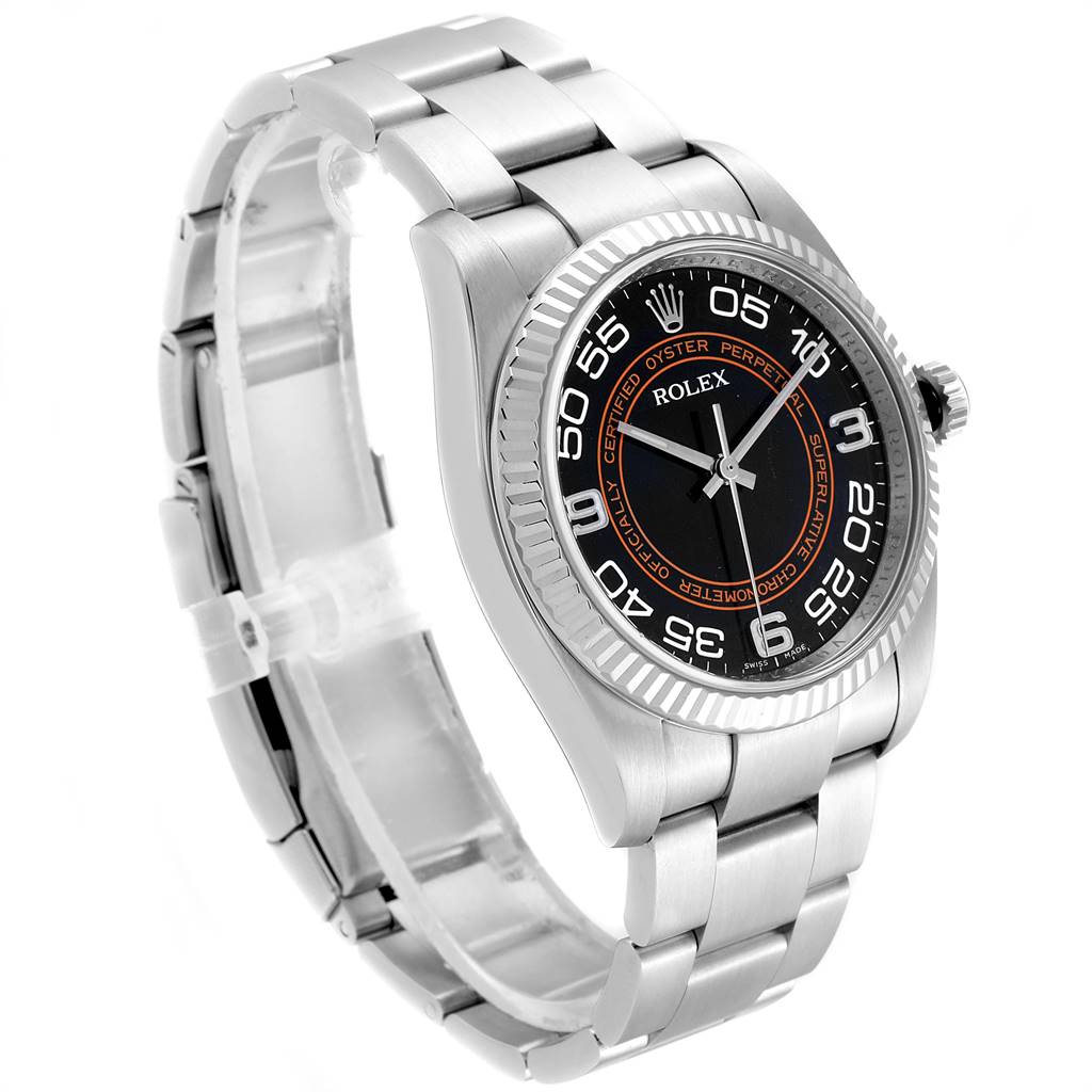 The image shows a three-quarter angle view of a Rolex Oyster Perpetual 116034 Men's Stainless Steel Black Dial 116034 Men's Stainless Steel Black Dial watch, highlighting the face, bezel, and bracelet.