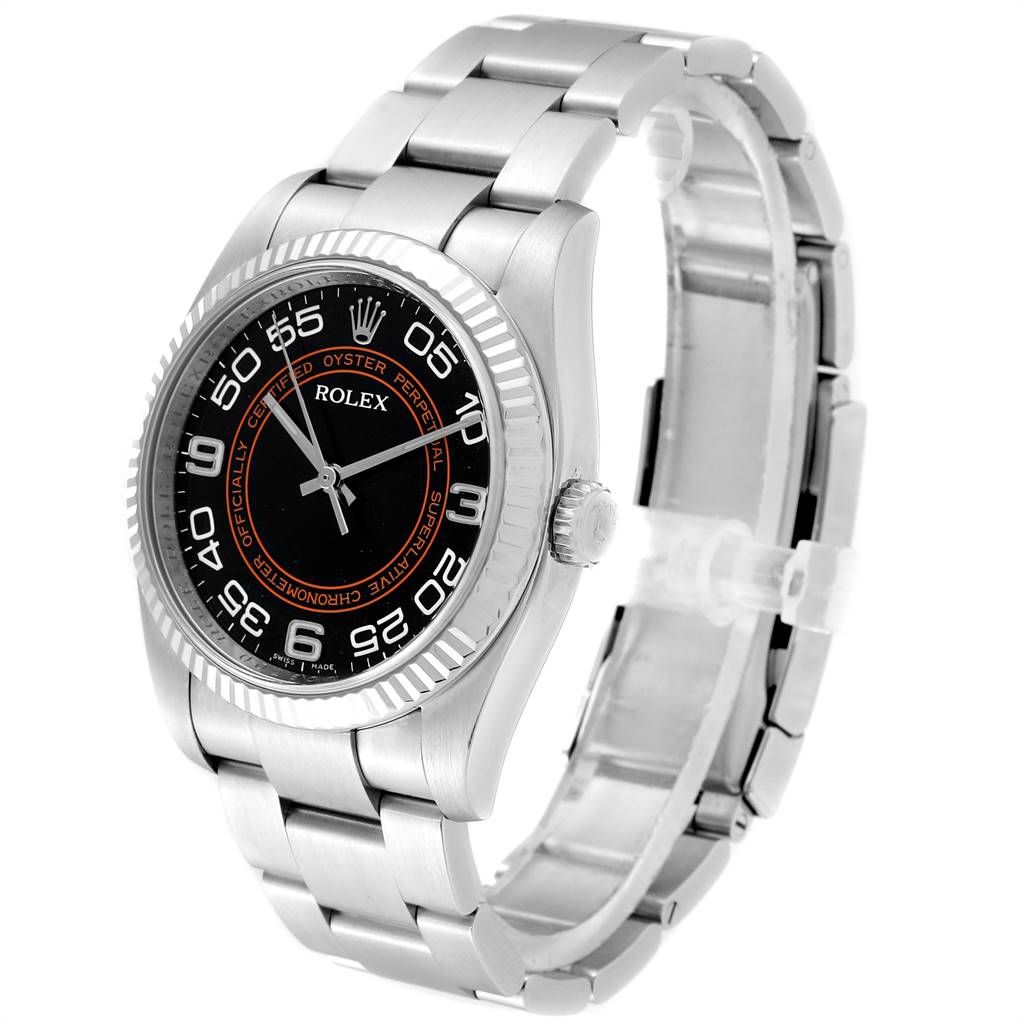 The image shows a Rolex Oyster Perpetual 116034 Men's Stainless Steel Black Dial 116034 Men's Stainless Steel Black Dial watch from a three-quarter view, highlighting the dial, bezel, crown, and bracelet.