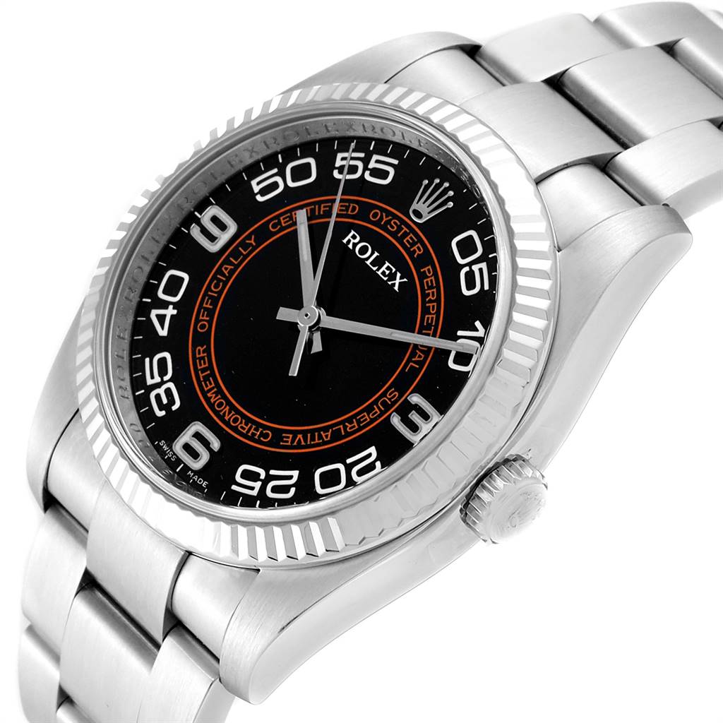 The image shows a Rolex Oyster Perpetual 116034 Men's Stainless Steel Black Dial 116034 Men's Stainless Steel Black Dial watch from an angled top view, displaying the face, bezel, and part of the bracelet.