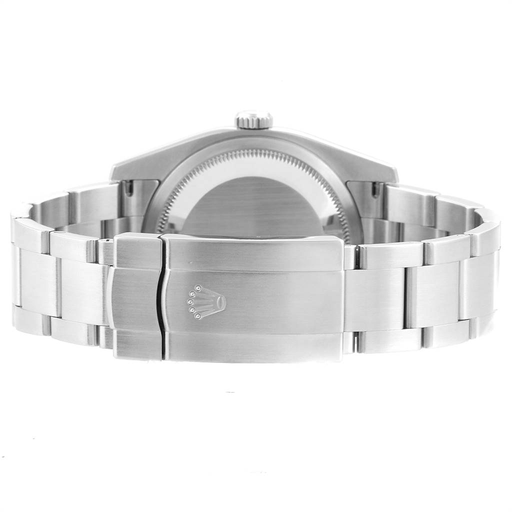 This image shows the back view of a Rolex Oyster Perpetual 116034 Men's Stainless Steel Black Dial 116034 Men's Stainless Steel Black Dial watch, highlighting its clasp and stainless steel bracelet.