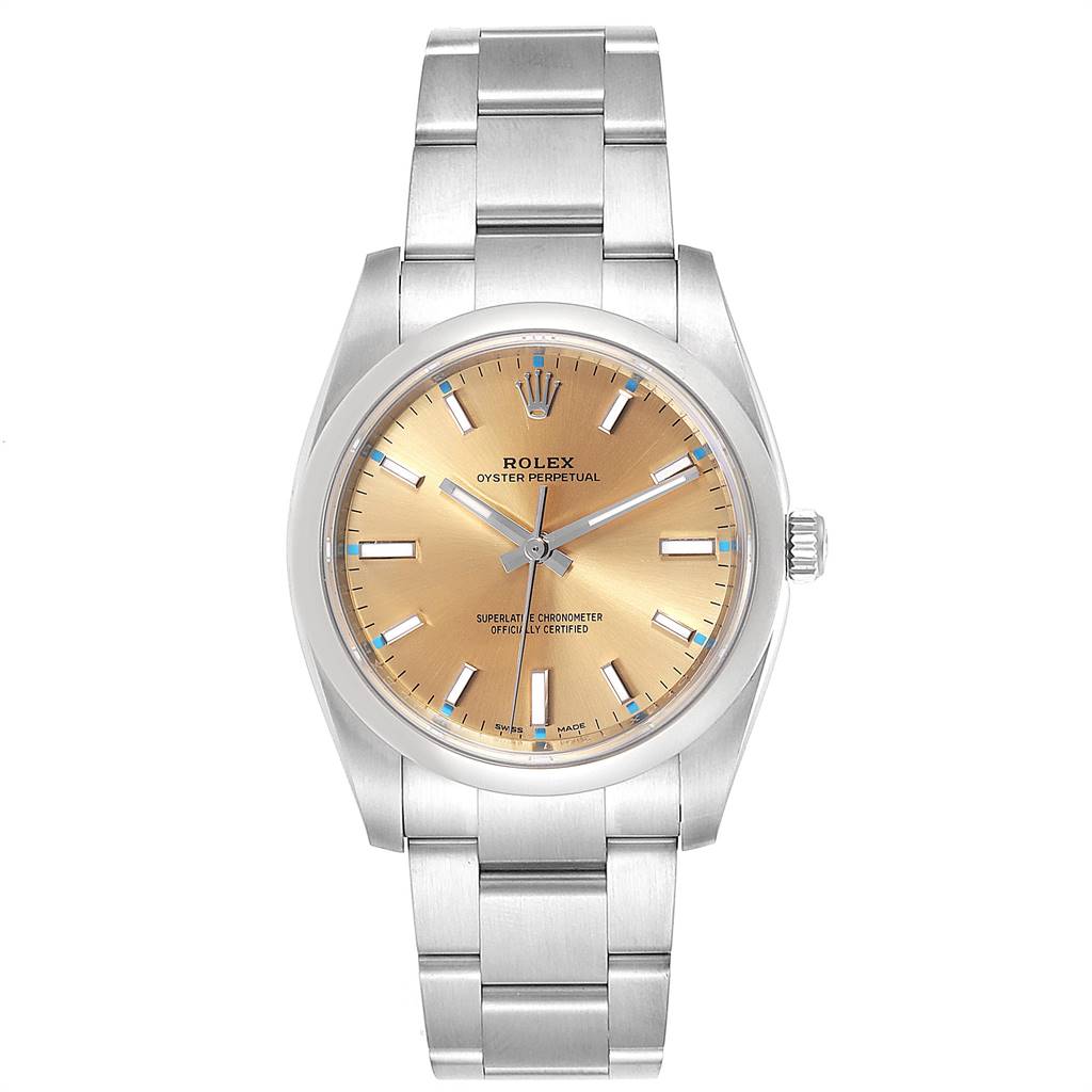This image shows a front view of the Rolex Oyster Perpetual 114200 Men
s Stainless Steel Champagne Dial 114200 Men
s Stainless Steel Champagne Dial watch, displaying its face, dial, and bracelet.