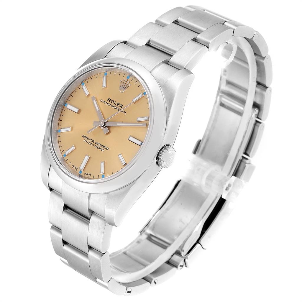 The image shows a Rolex Oyster Perpetual 114200 Men
s Stainless Steel Champagne Dial 114200 Men
s Stainless Steel Champagne Dial watch at a slight angle, highlighting its dial, case, and bracelet.