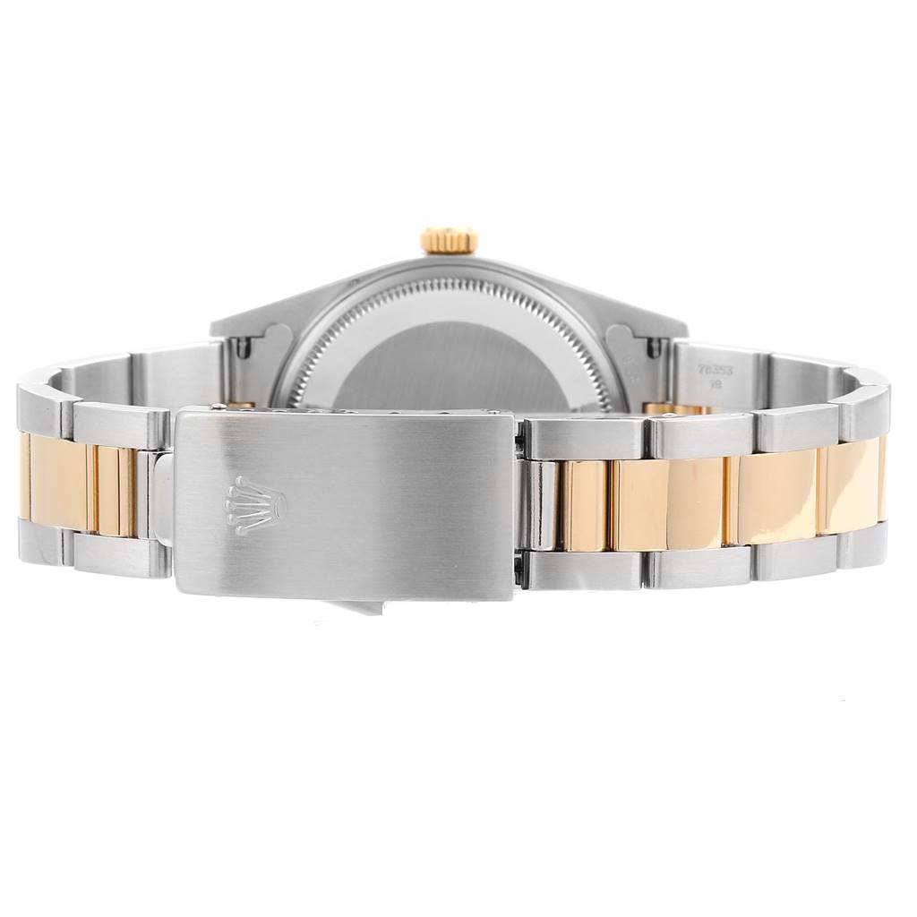 The image shows the backside of a Rolex Oyster Perpetual 14233 Men's Steel and Gold (two tone) Grey Dial 14233 Men's Steel and Gold (two tone) Grey Dial watch, focusing on the clasp and bracelet.