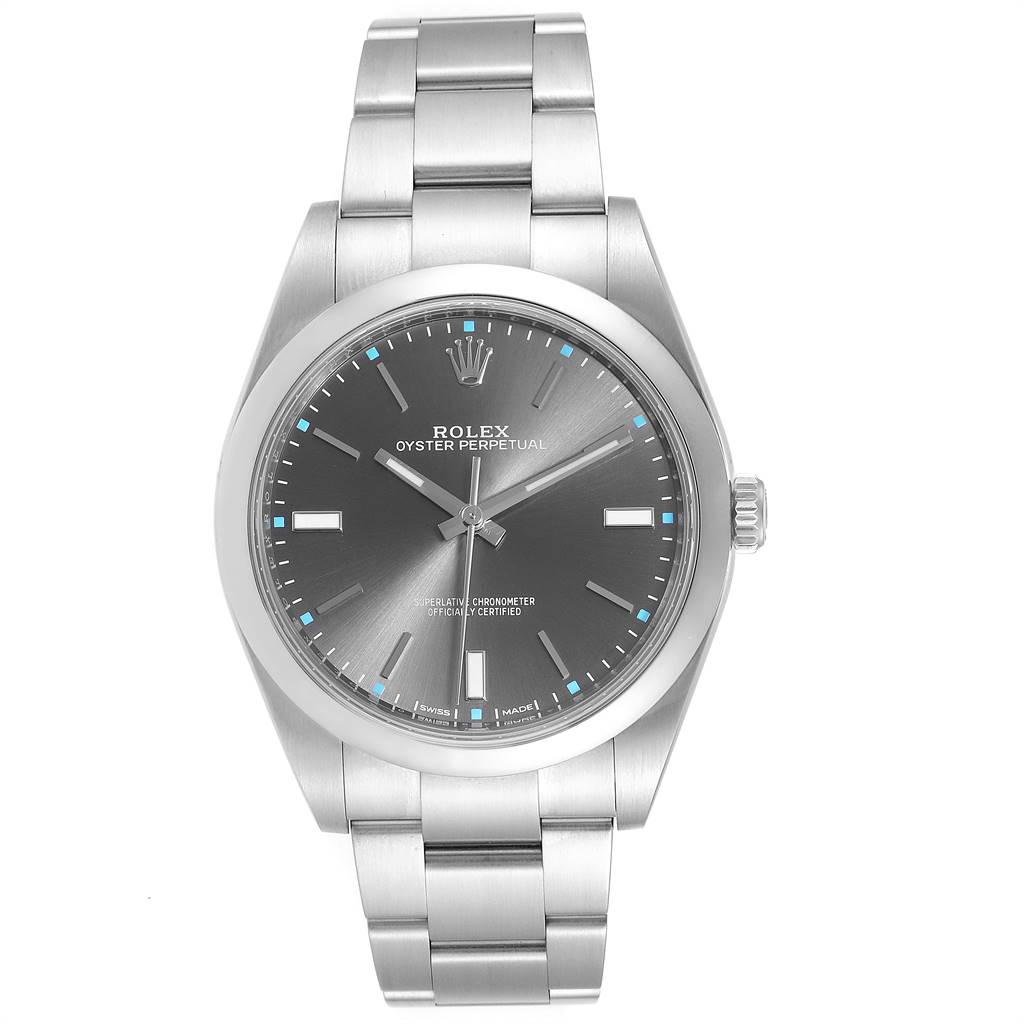 This is a frontal view of a Rolex Oyster Perpetual 114300 Men's Stainless Steel Silver Dial 114300 Men's Stainless Steel Silver Dial watch, showing the dial, hands, crown, and full bracelet.