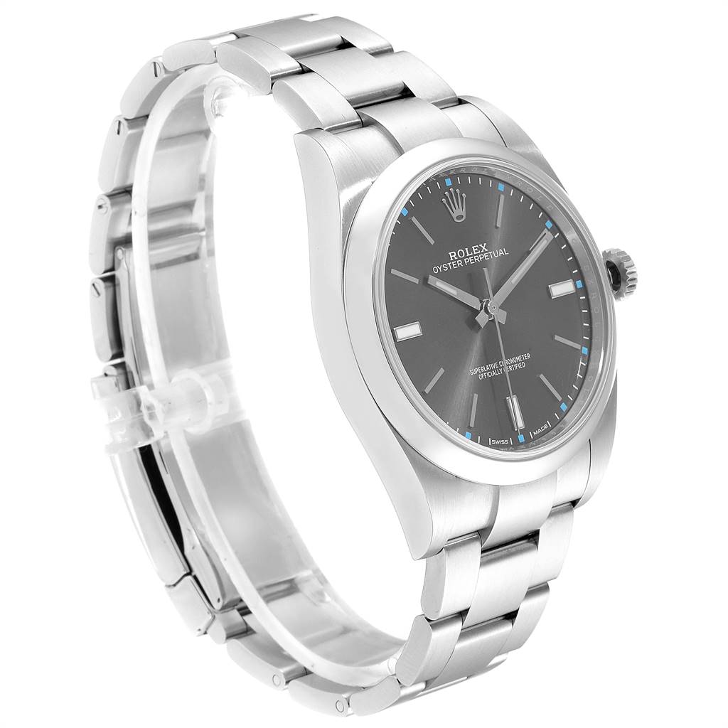 The image shows a side view of a Rolex Oyster Perpetual 114300 Men's Stainless Steel Silver Dial 114300 Men's Stainless Steel Silver Dial watch, displaying its stainless steel bracelet and black dial.