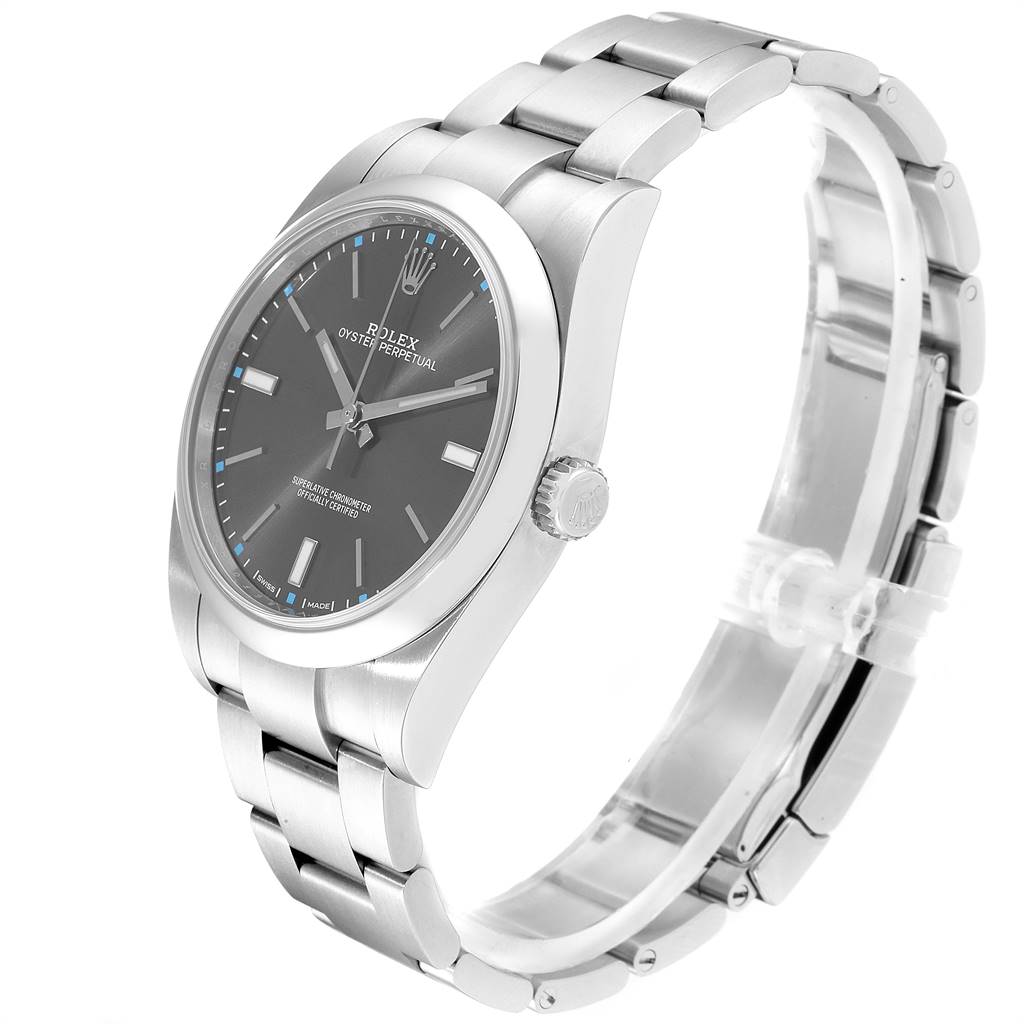 This image shows a Rolex Oyster Perpetual 114300 Men's Stainless Steel Silver Dial 114300 Men's Stainless Steel Silver Dial watch from a right side angle, displaying the face, bracelet, and crown.