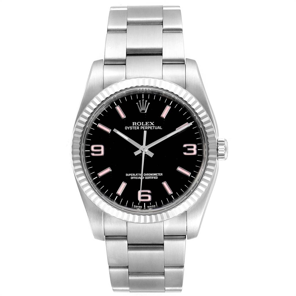 The image shows a front view of the Rolex Oyster Perpetual 116034 Men
s Stainless Steel Black Dial 116034 Men
s Stainless Steel Black Dial watch, showcasing its face, bezel, and bracelet.