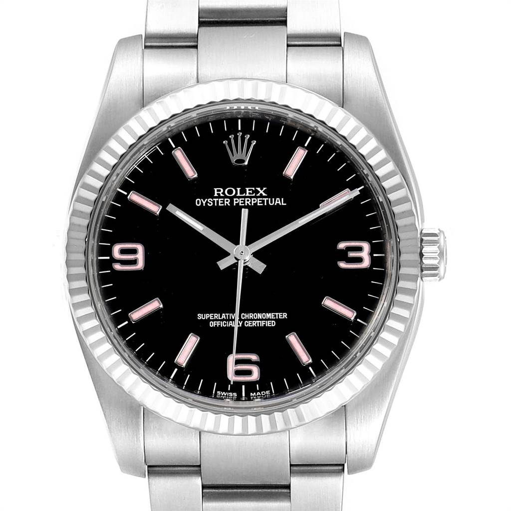 This is a front-facing view of the Rolex Oyster Perpetual 116034 Men
s Stainless Steel Black Dial 116034 Men
s Stainless Steel Black Dial watch showing its dial, bezel, and part of the bracelet.