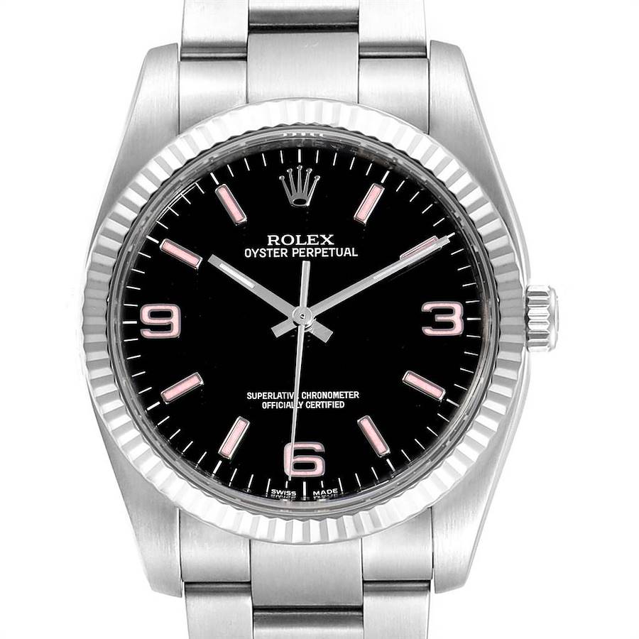 Rolex Oyster Perpetual Steel White Gold Black Dial Mens Watch 116034 SwissWatchExpo