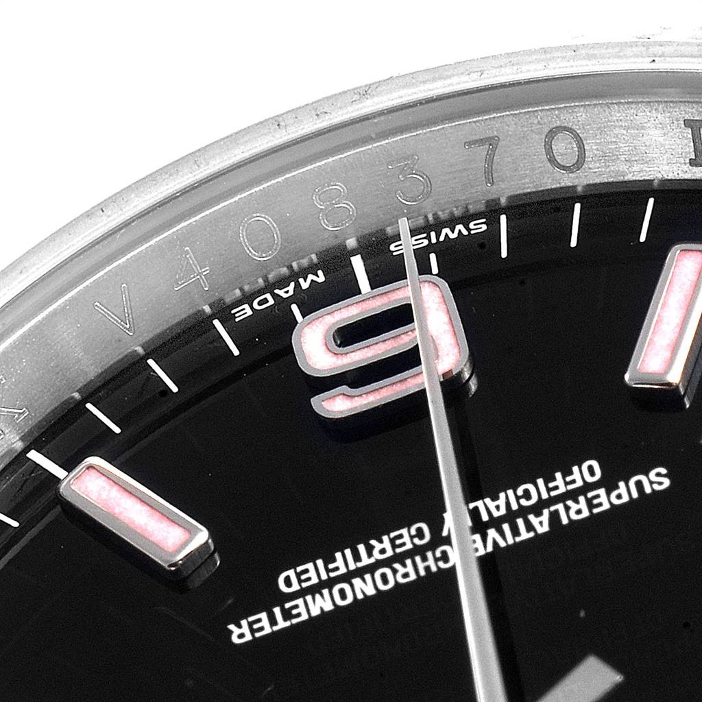 Close-up of the Rolex Oyster Perpetual 116034 Men
s Stainless Steel Black Dial 116034 Men
s Stainless Steel Black Dial watch showing the dial, part of the bezel, and indices.